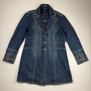 Denim Jacket Trench Coat Y2K Indie Sleeze Duster Embroidered Bling Glam Chic Lg